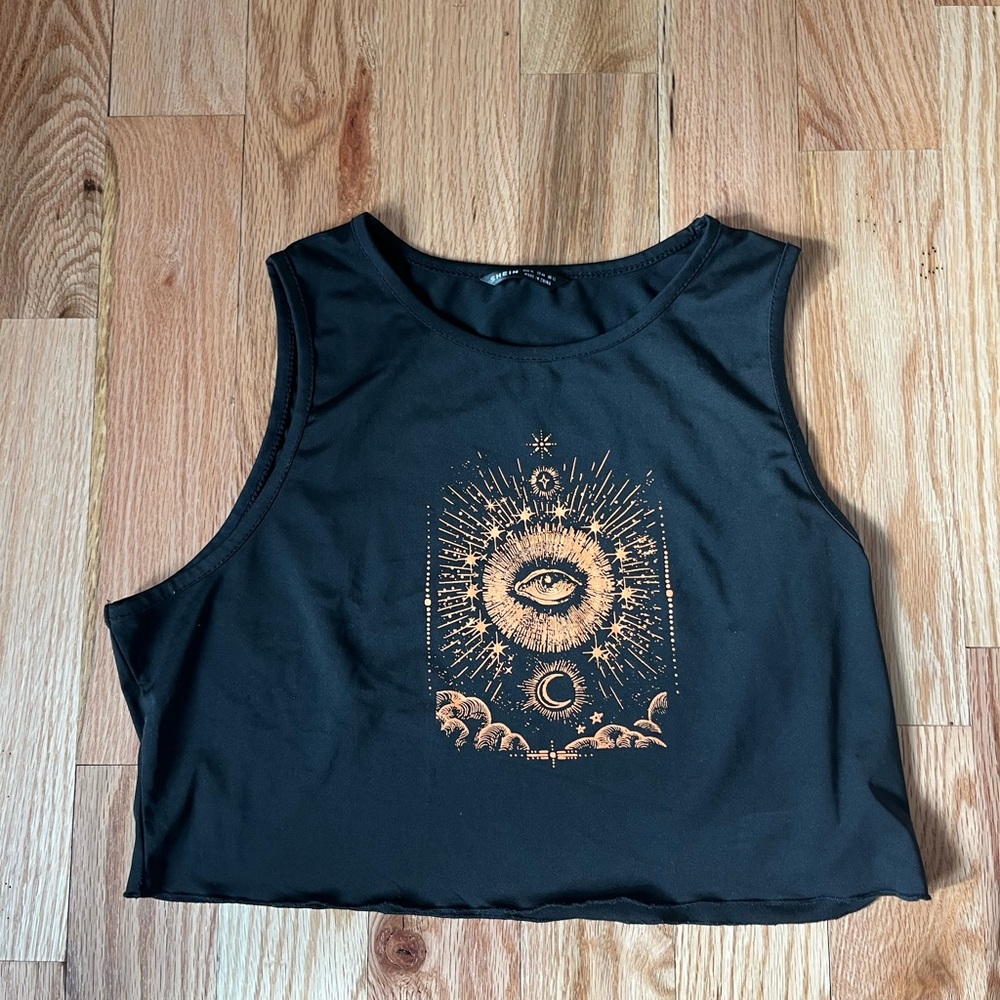 SHEIN Black Crop Top with Gold Eye Design